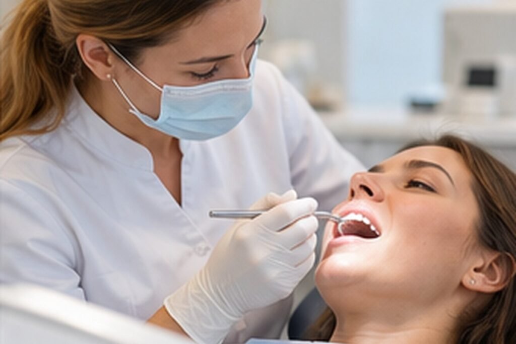 Chirurgien-dentiste réalisant un examen bucco-dentaire.