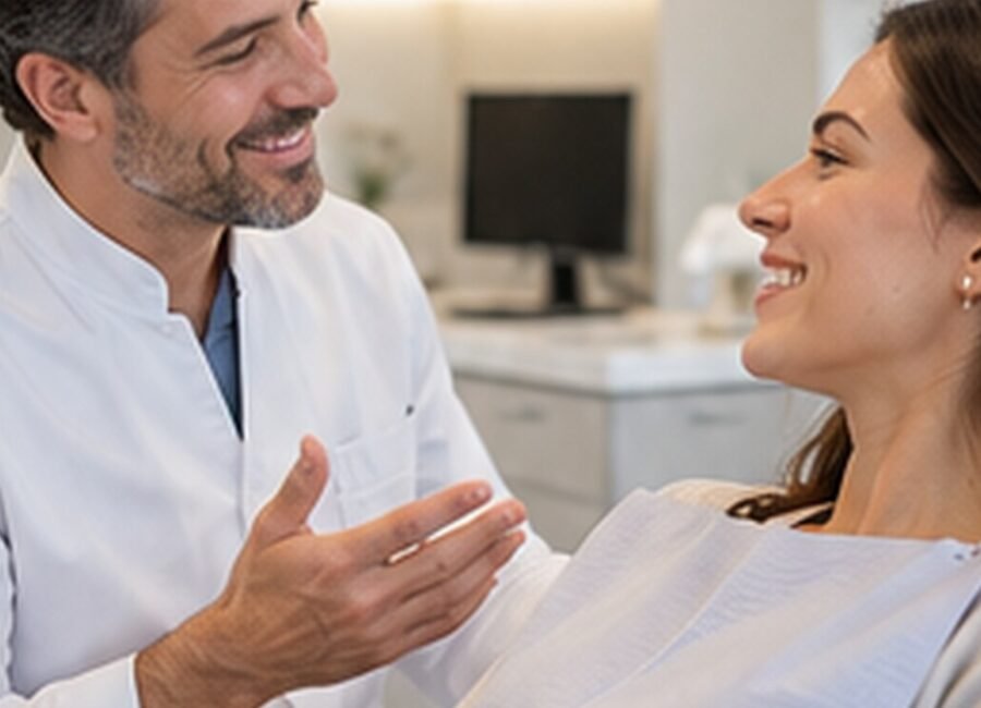 Dentiste échangeant avec une patiente dans un cabinet dentaire moderne.