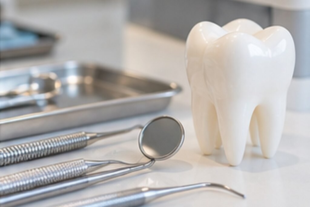 Instruments dentaires et modèle de dent sur un plan de travail clinique.
